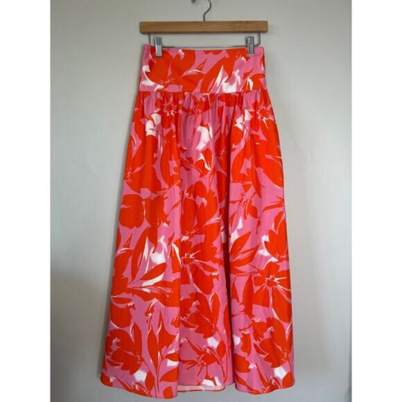 NEW Monique Lhuillier Taffeta Lined Zip Closure Floral Midi Skirt Orange Size: 4 - Picture 2 of 8